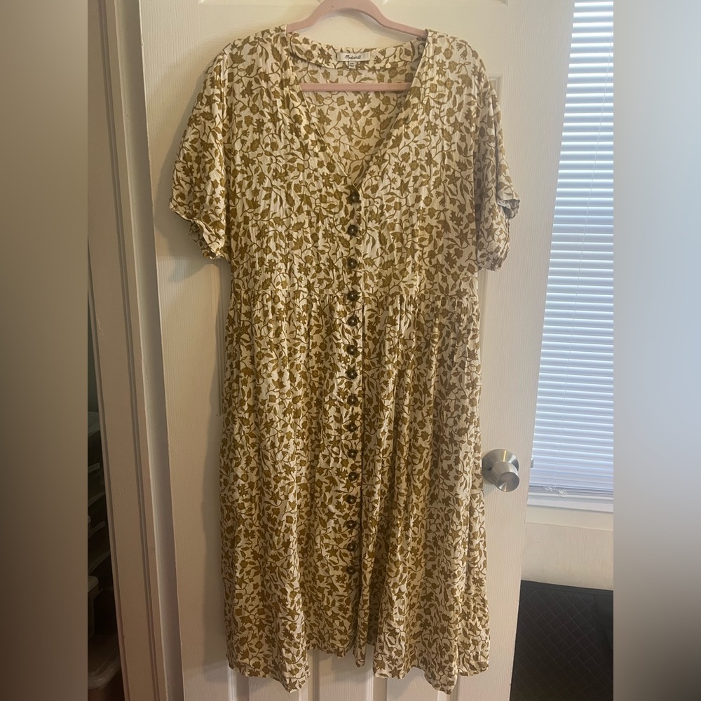 Madewell button down linen dress in mustard yellow floral